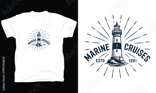 Nautical lighthouse emblem for marine cruises with sunburst.