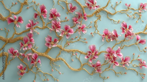 A sprawling golden vine featuring delicate pink enamel orchids. Pale blue silk background. Luxurious 3D sculptural relief