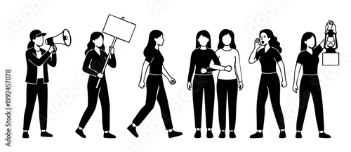 Protest and Activism Women Group, Diverse Female Figures Holding Megaphone, Sign, and Lantern, Black and White Vector Illustration for Social Justice, Equality Movement, and Collective Civic Engagemen