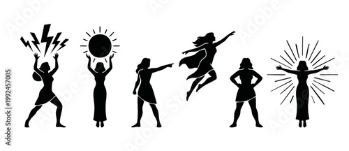 Superhero woman silhouette set, female power icons with lightning sun and flying poses. Concept of women empowerment, success, strength, victory, leadership, and cosmic energy in black and white vecto