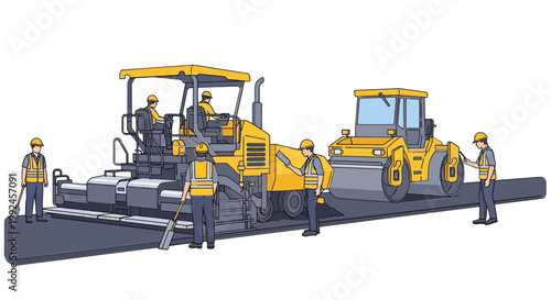Road Construction: Asphalt Paver and Roller with Workers on White Background
