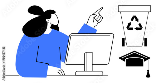 Education, environmental awareness, recycling, sustainability, lifelong learning, academic progress. Woman pointing at a recycling bin beside a graduation cap. Education and environmental awareness