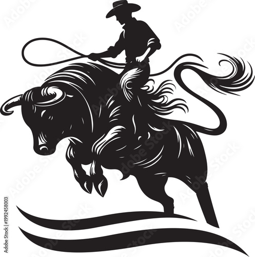 Cowboy riding a bucking bull isolated on white background