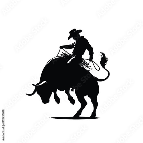 Silhouette of a cowboy riding a bucking bull isolated on white background