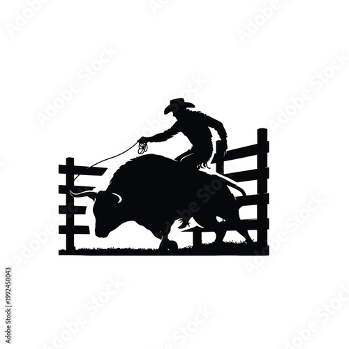 Cowboy riding a bull isolated on white background in a rodeo event