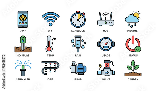 Smart irrigation icons showing sensors scheduling and valve controls