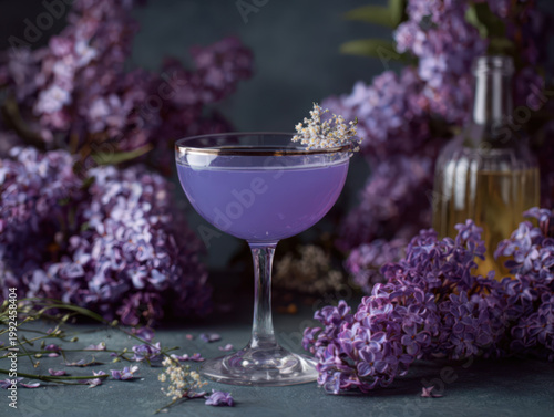 Cocktail Floral Daiquiri made with rum, lime juice, elderflower liquor, creme de violette and lavender sugar syrup served in a neat coupette