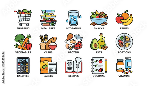 Nutrition and meal planning icons showing food categories on white