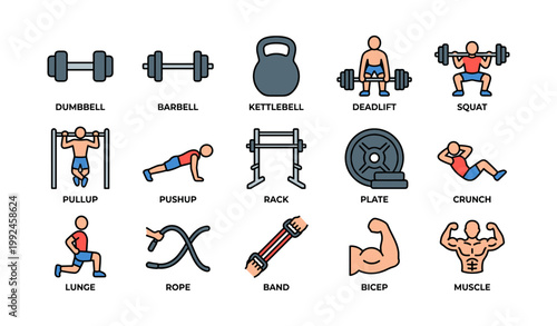 Fitness and gym exercise icons displayed in white grid