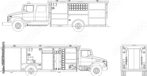 Technical engineering blueprint of a fire rescue truck showing side profiles and rear view with detailed equipment compartments and cylinders.