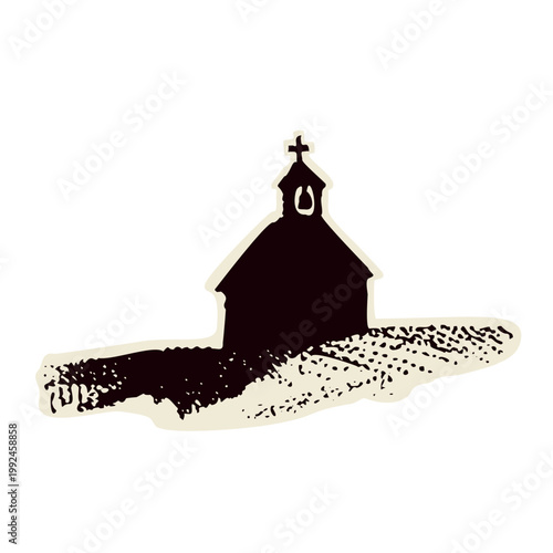 Drawing of pilgrims way little church with bell tower. Village chapel style with christian cross. For Canterbury pilgrims way or Camino pilgrimage. Simple sketched faith based sanctuary Sunday worship