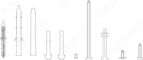 Technical engineering illustration displaying a variety of vertical foundation piles, including screw piles, driven piles, and steel columns for construction.