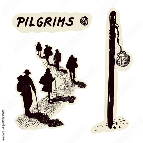 Group of pilgrims way with shell walking stick and backpack motif set. For Canterbury religious sacred trail or Camino pilgrimage. Simple sketched jubilee faith based sanctuary illustration logo