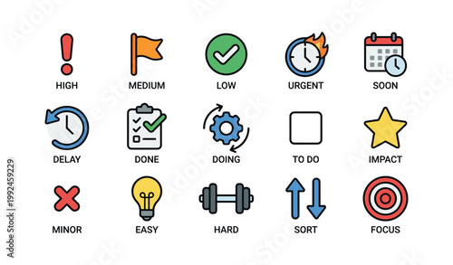 Task priority and status icons displayed in grid on white background