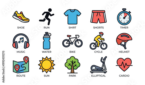 Fitness and cycling icons arranged in grid on white background