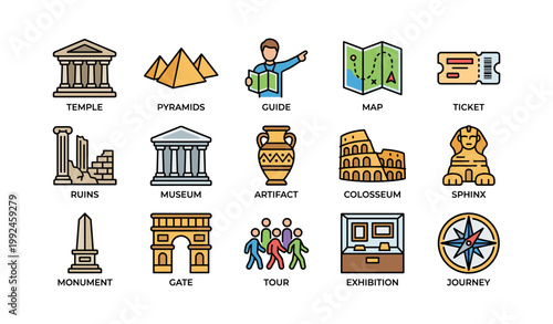 Historical landmarks and travel icons arranged on white background