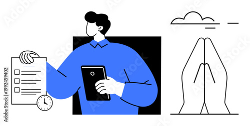 Productivity, time management, spirituality, work-life balance, technology integration, focus. A man with a checklist, clock and tablet alongside hands in prayer. Productivity and spirituality