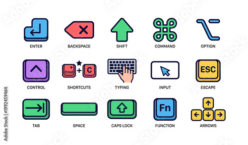 Keyboard key icons arranged in a grid on white background