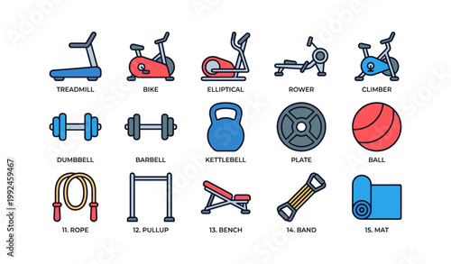 Gym icons showing workout machines and weights on white
