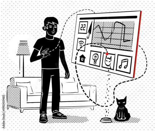 Young man controls smart home system in living room with cat nearby - high quality raster copy