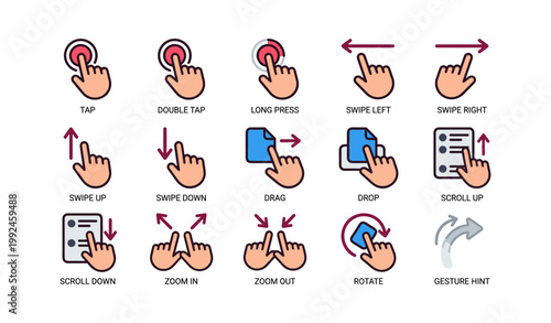 Hand gesture icons showing touch interactions on white background