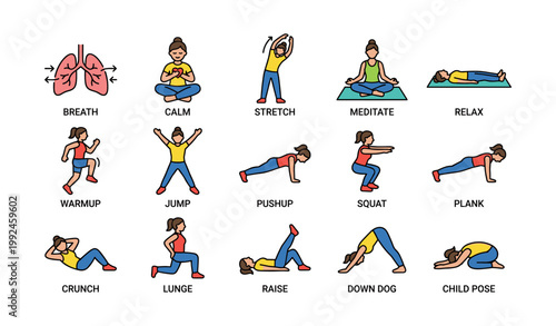 Women performing exercise and relaxation poses on white background