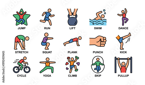 Fitness activity icons showing exercises and sports actions on white