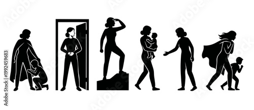 Mother Silhouette Icons Set, Superhero Mom and Child Poses, Diverse Parenting and Caregiving Actions, Concept of Empowered Motherhood and Love, Black Vector Graphic Elements for Family and Education P