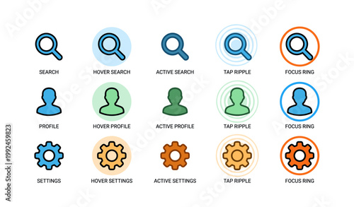 Interface state icons for search profile and settings on white