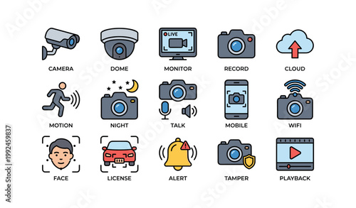 Surveillance and security icons arranged in grid on white background