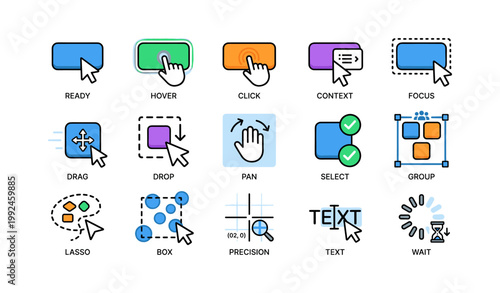 User interface interaction icons showing cursor actions and tools