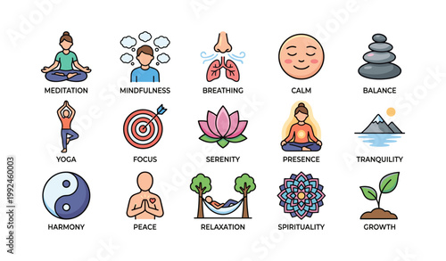 Wellness icons illustrating meditation and balance on white