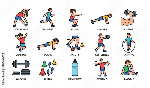 Exercise icons showing workouts and equipment on white background