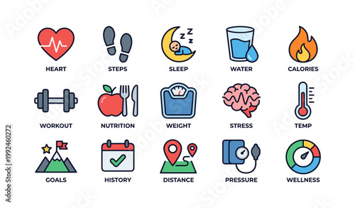 Health tracking icons representing wellness metrics on white