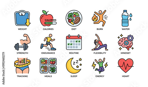 Fitness icons illustrating wellness concepts on white background