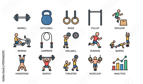Functional fitness icons depicting exercises and training equipment