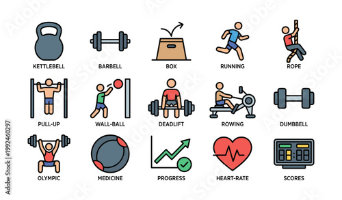 Fitness and exercise icons showing equipment and workouts on white