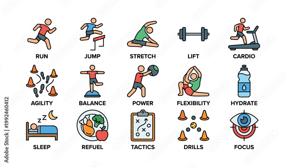 Fototapeta premium Fitness icons showing training and recovery on white background