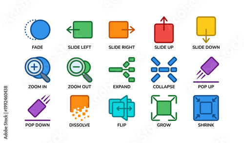 Set of ui transition icons showing animations on white background
