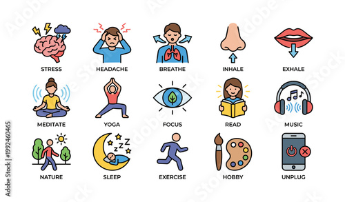 Wellness icons showing breathing and relaxation activities on white
