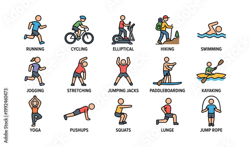 Exercise icons displaying multiple activities on white background