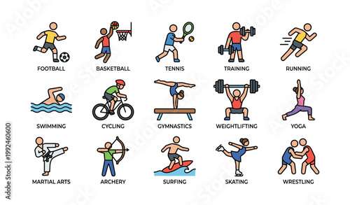 Various sports activity icons grid on white background