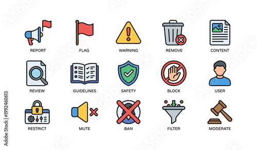 Moderation and safety icons showing review actions on white background