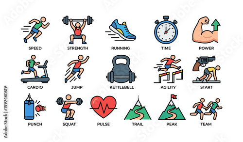Fitness and training icons grid on white background