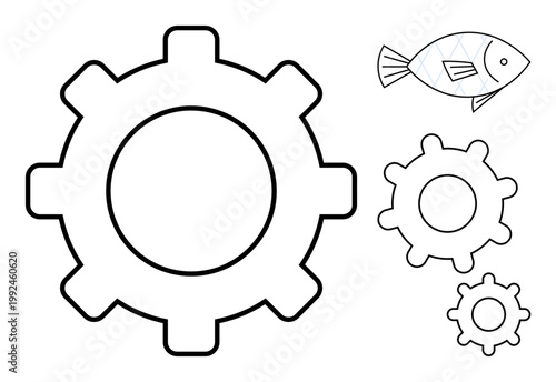 Engineering design, creativity, innovation, problem-solving, puzzle concepts, art. Black outline of gears and a fish motif. Engineering design and creativity concept