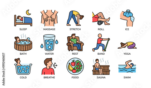 Recovery icons showing therapy and rest on white background
