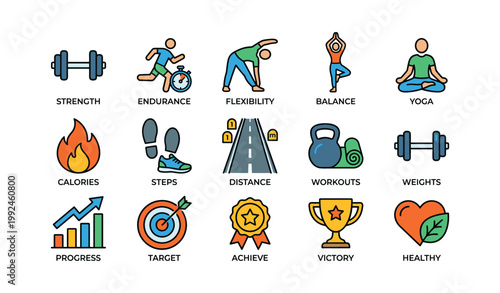 Fitness tracker icons showing activities and goals on white background