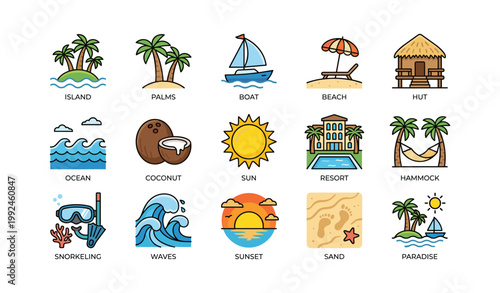Tropical beach icons showing island scenery and seaside elements