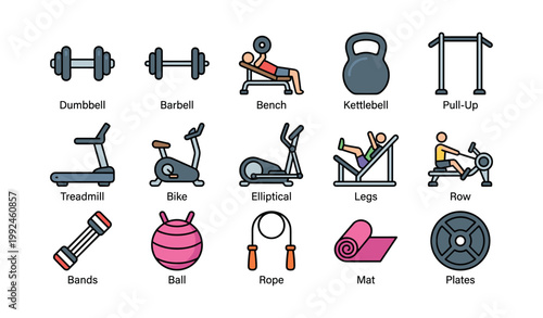 Gym equipment icons showing strength and cardio workout gear
