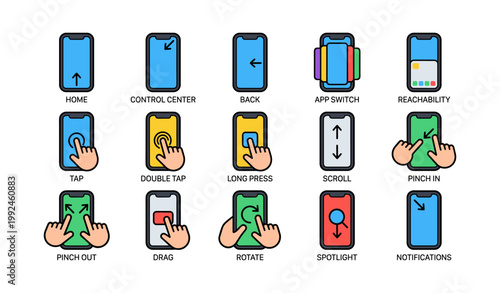Touch gesture icons showing smartphone controls on white background